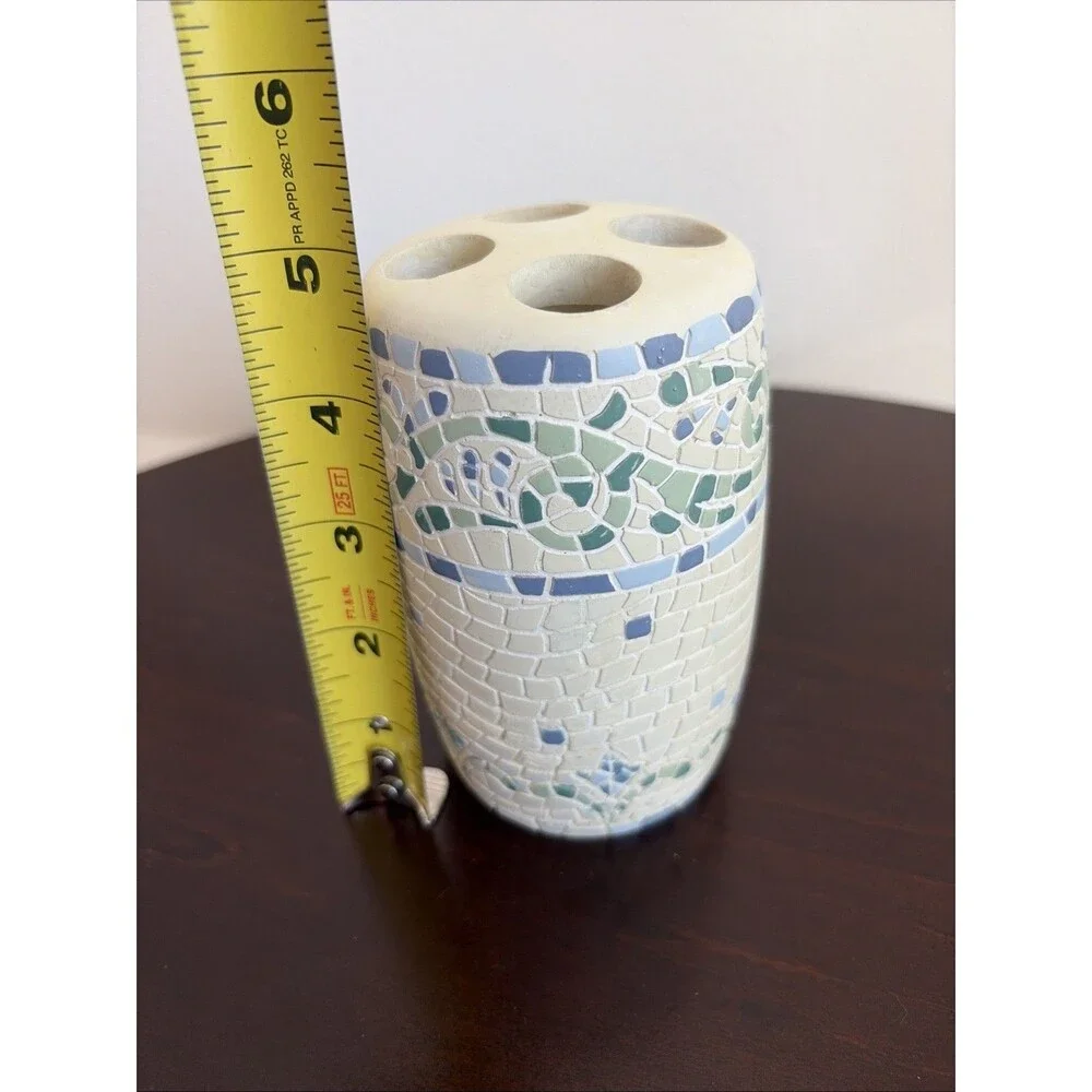 Casual Home Ceramic Toothbrush Holder Mosaic Blue Green And Cream  5 In Tall